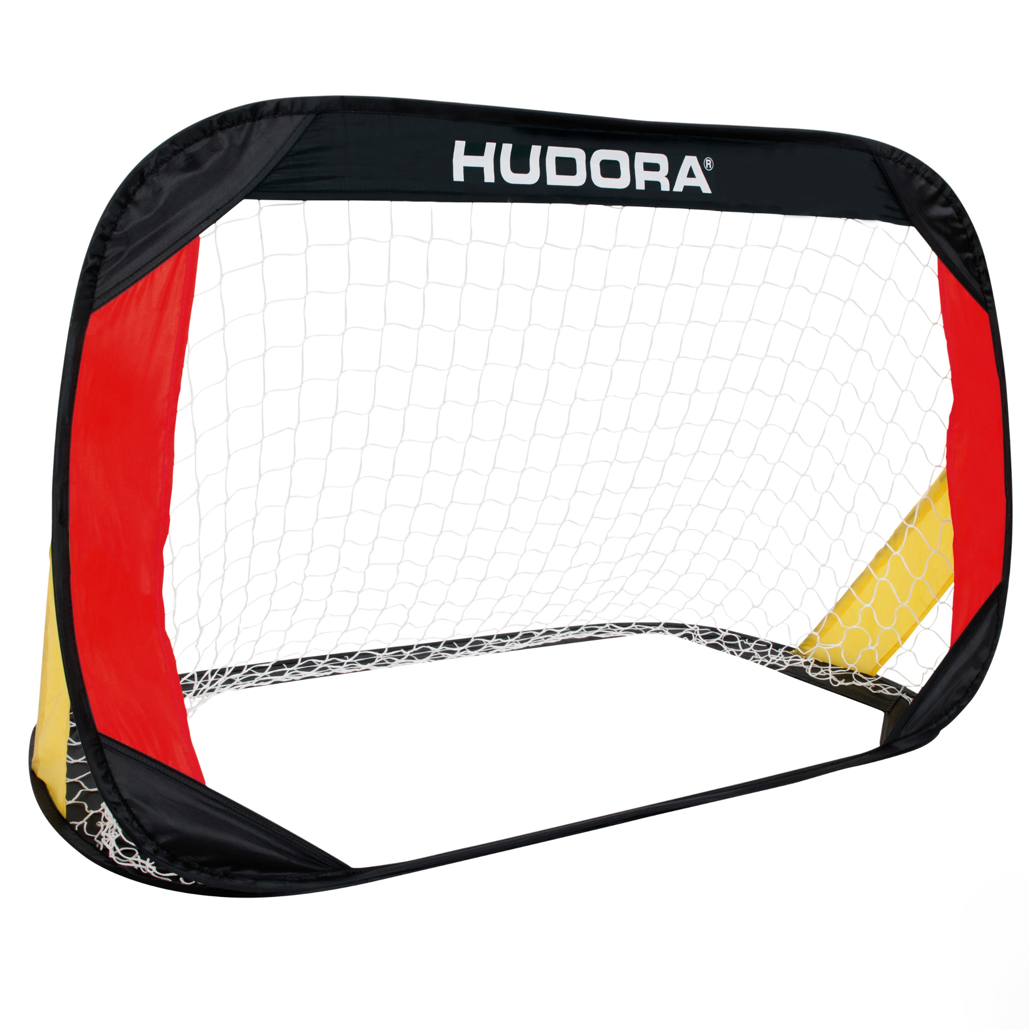 Hudora 08707 Zdjęcie produktu - BRAMKA PILKARSKA HUDORA POP UP CZARNO CZERWONO ZLOTA 120x80 CM