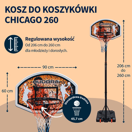 Kosz do koszykówki przenośny z regulacją wysokości Hudora Stand Chicago 260 + Piłka