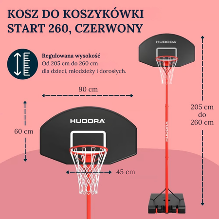 KOSZ DO KOSZYKÓWKI PRZENOŚNY Z REGULACJĄ WYSOKOŚCI HUDORA START BASKETBALL STAND 260