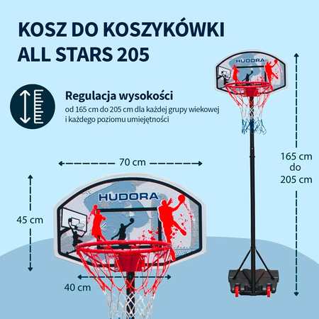 Kosz do koszykówki przenośny z regulacją wysokości Hudora ALL STARS 205