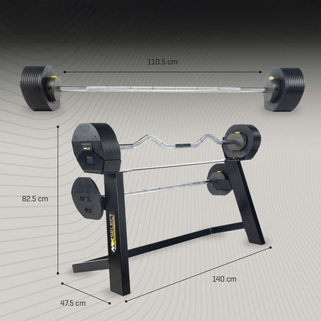 DOMOWA SIŁOWNIA MX100 12,8 - 45,5 kg SZTANGA REGULOWANA 2 SZT. + STOJAK