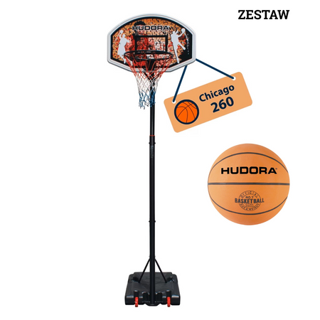 Kosz do koszykówki przenośny z regulacją wysokości Hudora Stand Chicago 260 + Piłka