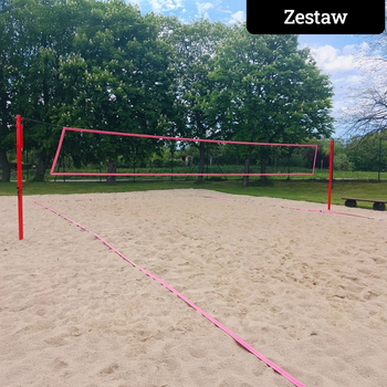ZESTAW DO SIATKÓWKI PLAŻOWEJ NA BOISKO 16x8 M: SŁUPKI STALOWE, SIATKA, LINIE, TULEJE